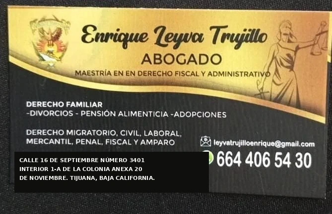 Tarjeta profesional con domicilio actualizado de Enrique Leyva Trujillo